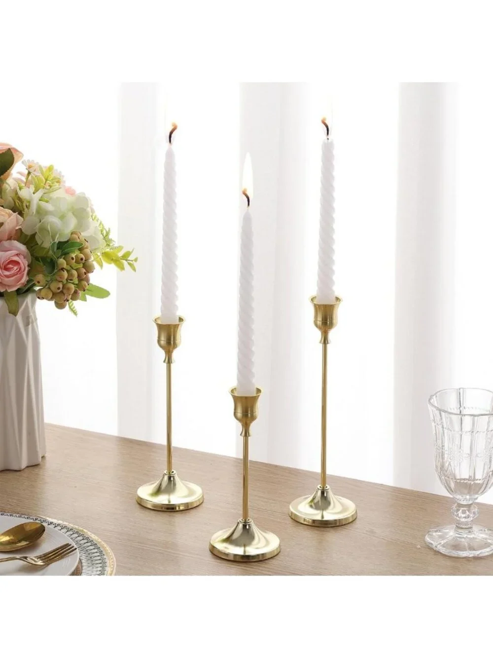 Elegant Gold Candlestick Holders Set of 4 (12 Pcs) - Anti-Slip Metal Taper